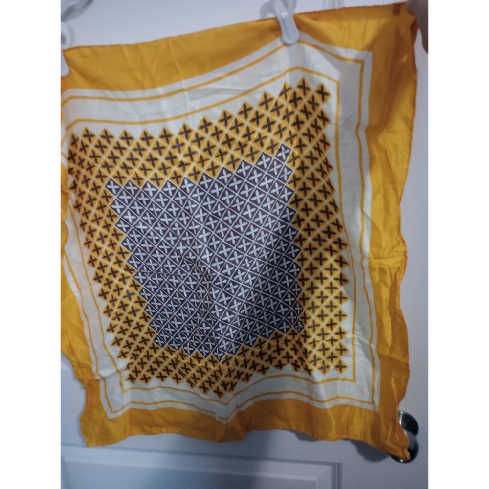 Vintage 100% Silk Scarf‎ 26" Italy Yellow Navy Geometric Lattice Mod 70s